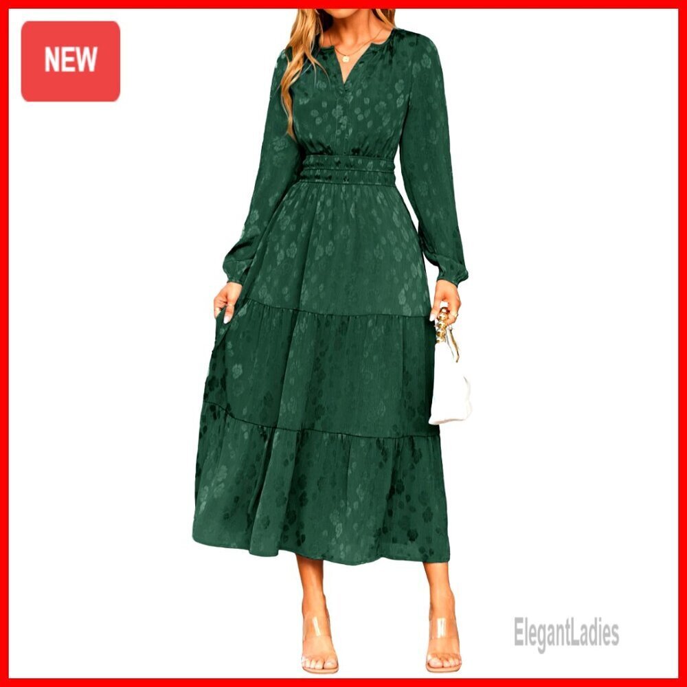 Long Sleeve Maxi Dress V-Neck Floral Jacquard Tiered Wedding Guest